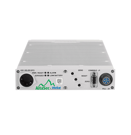 Top view of a cream colored KS-252 encryptor with AltaSec and Viasat logos featuring status lights and data ports