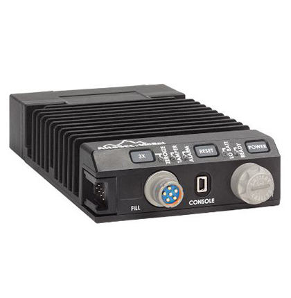 Bottom angled view of the KG-250X featuring status lights, power and reset buttons, data connectors and a battery chamber